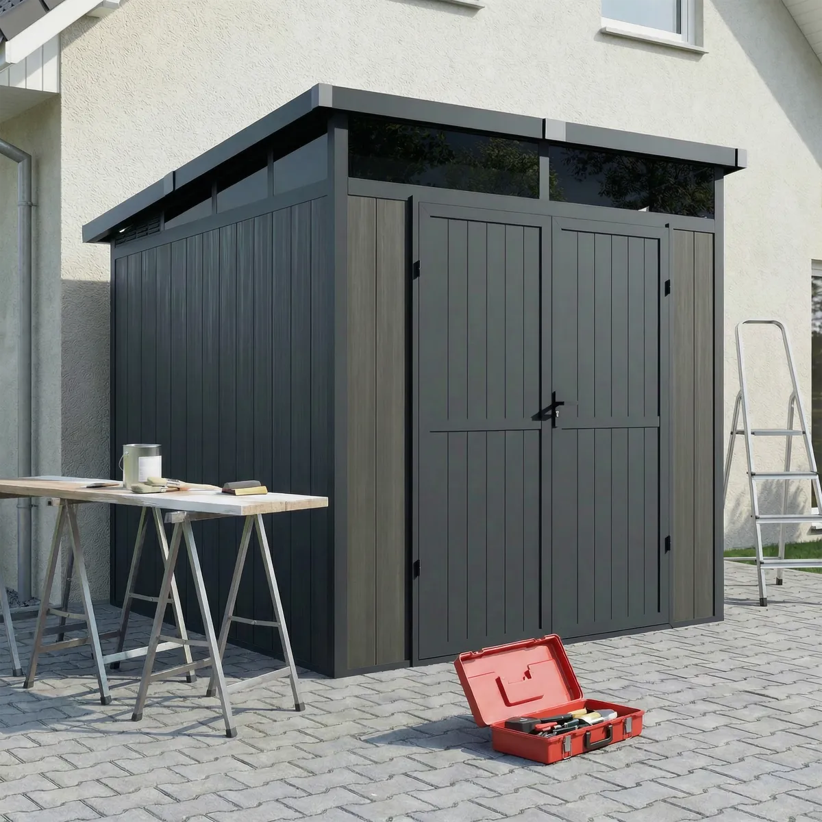 WPC-Gartenhaus Evora 4 m² grau in einem modernen Garten