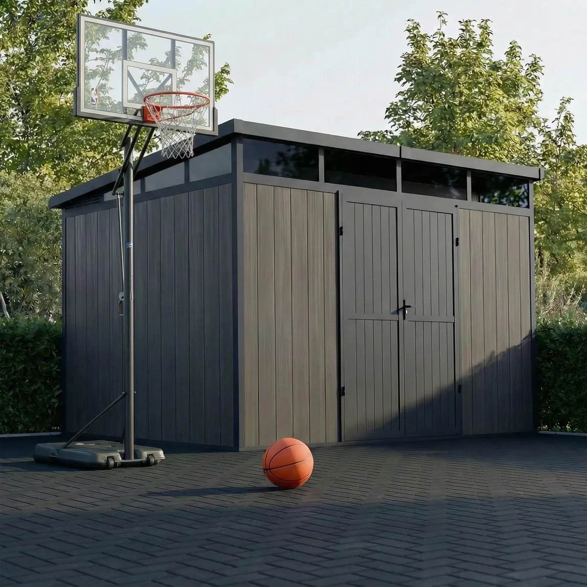 Komposit-Gartenhaus Evora 7 m² grau, Gartenatmosphäre mit Basketballkorb