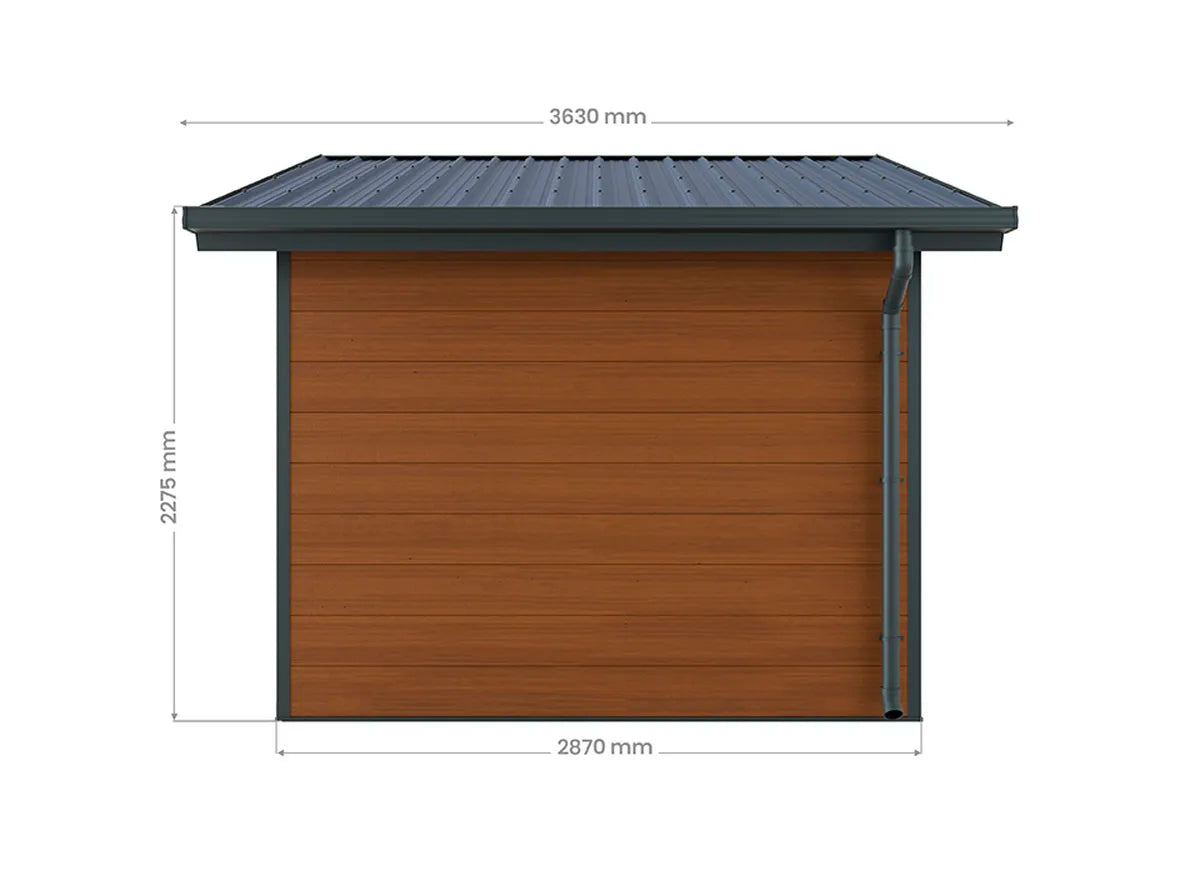 Plan coté du côté de l'abri composite Isora 12 m²
