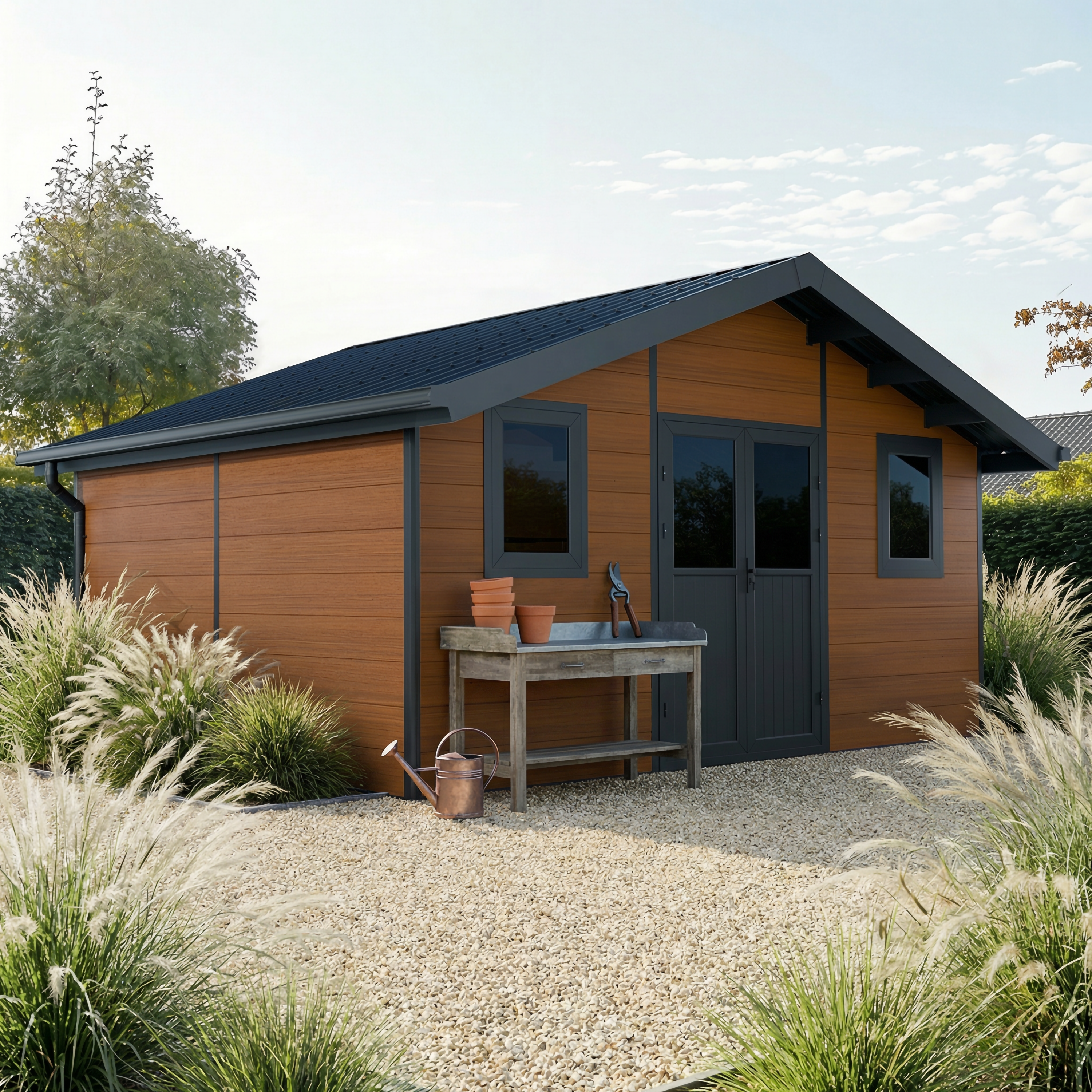 Abri de jardin composite Isora 20 m² en ton brun, ambiance jardin paysager