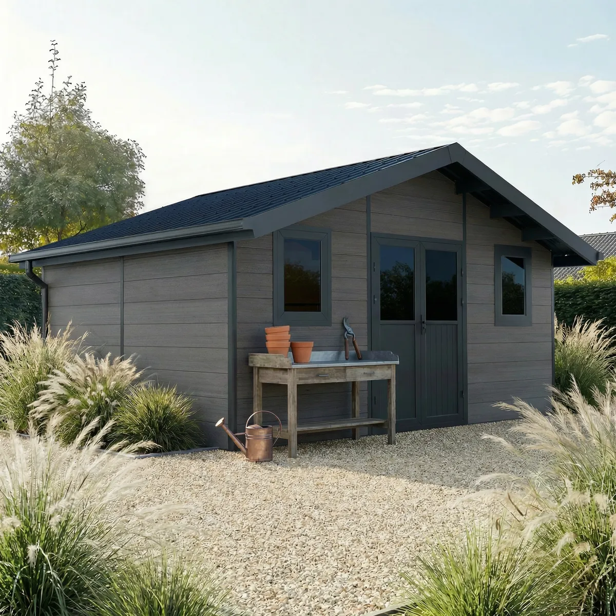 Caseta de jardín compuesta Isora 20 m², gris, con puerta doble y ventanas, en jardín