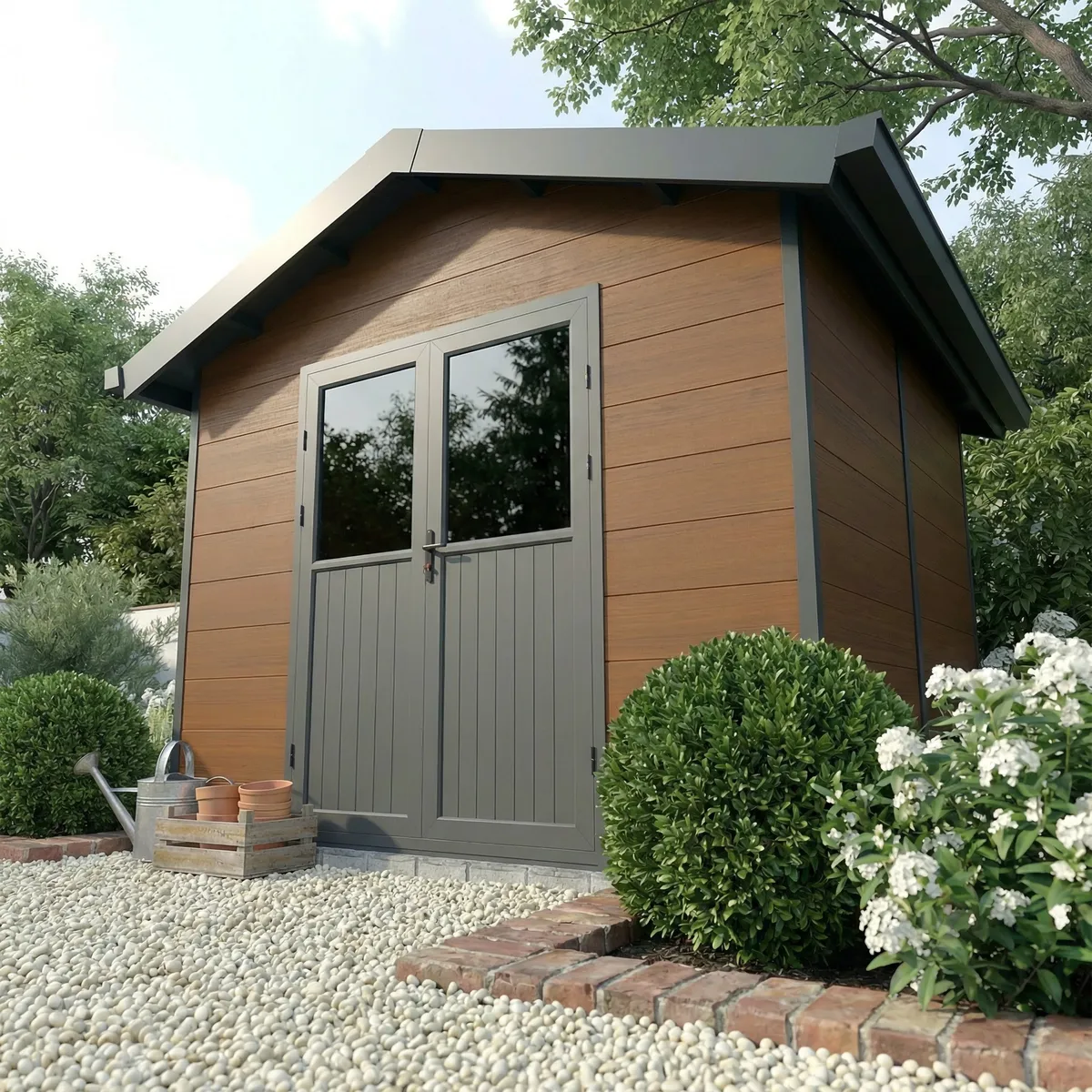 Abri composite Isora 9 m² brun sur un lit de graviers, rosiers devant