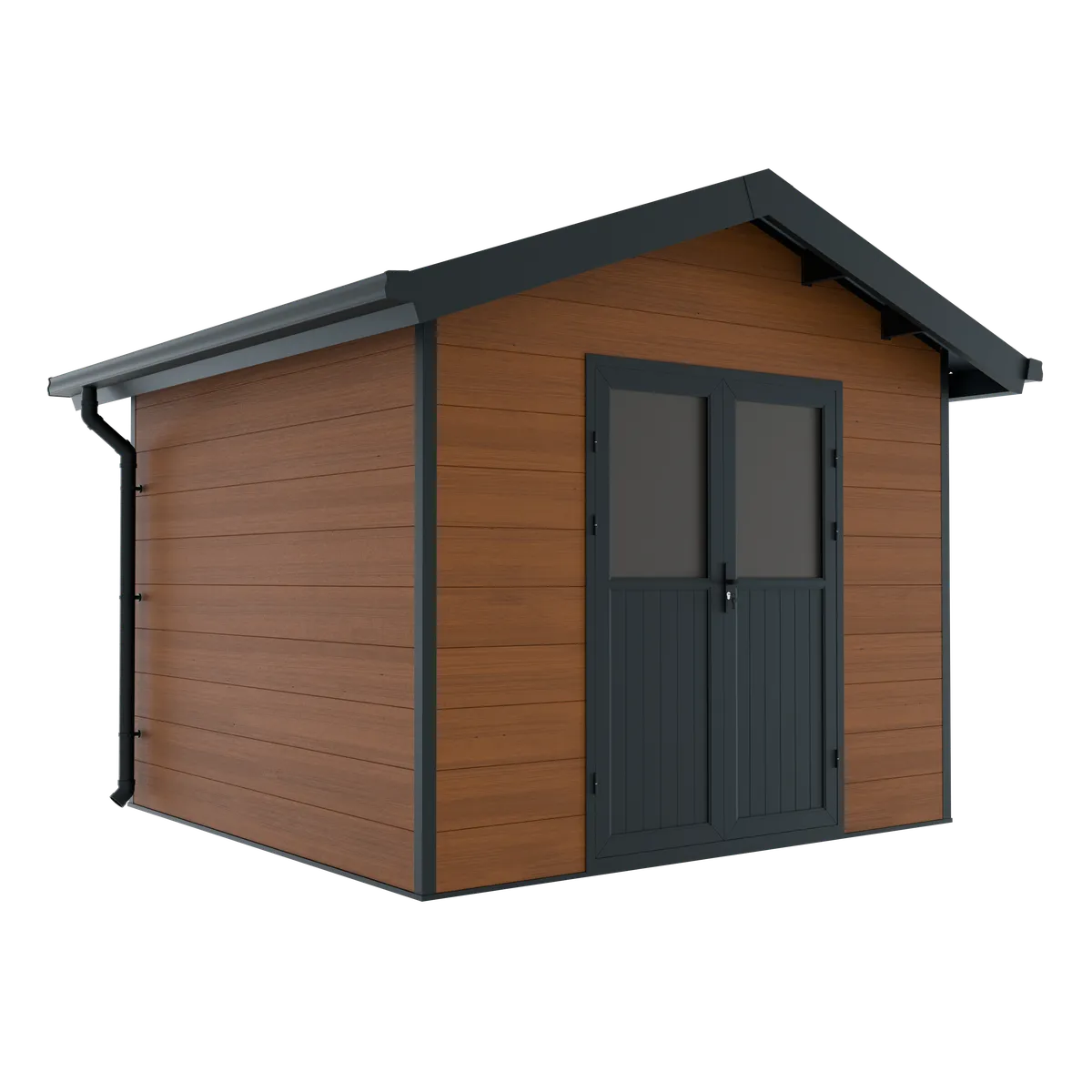 Abri de jardin composite Isora 9 m² brun à toit double pente, vue de trois quarts