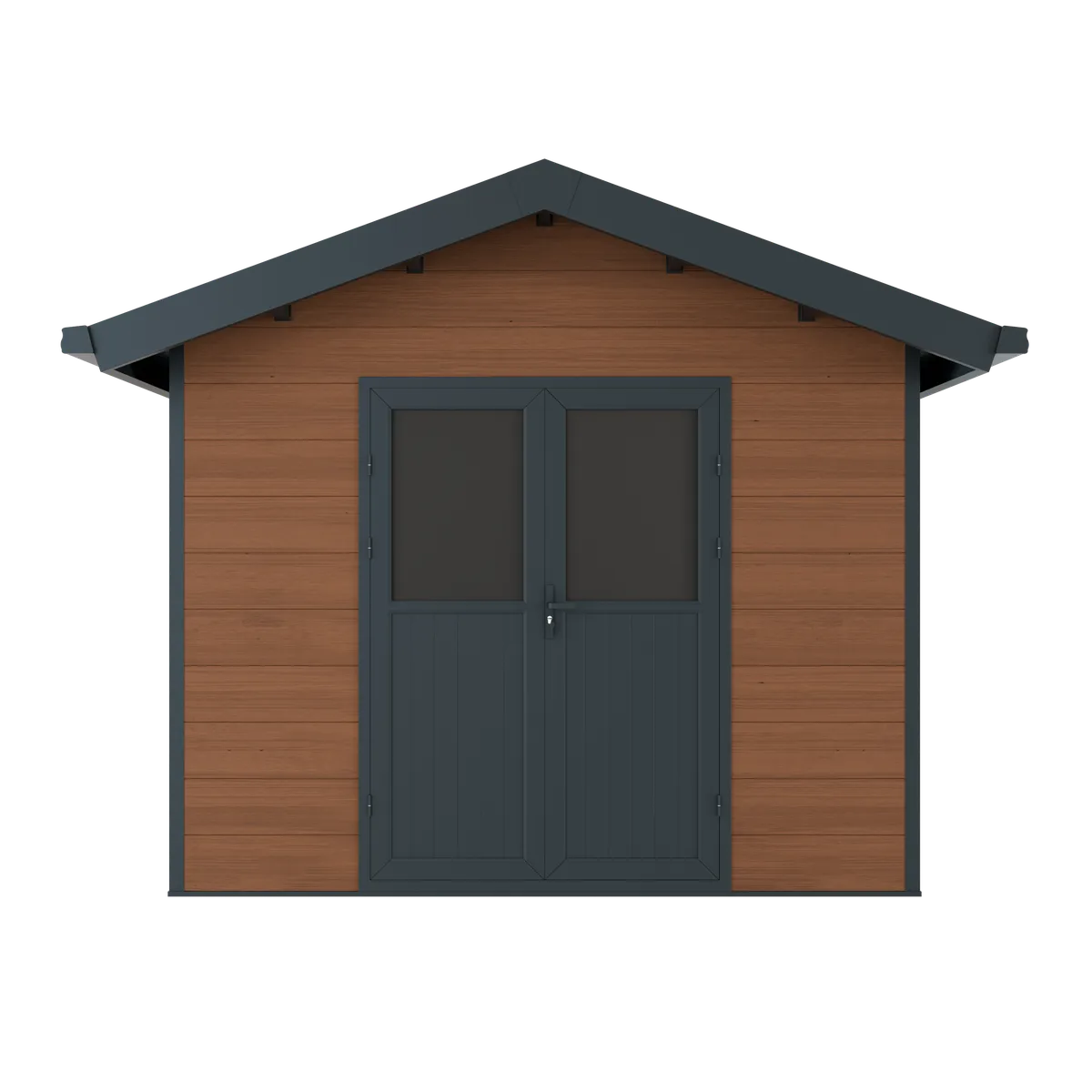 Abri composite Isora 9 m² brun de face, toit double pente