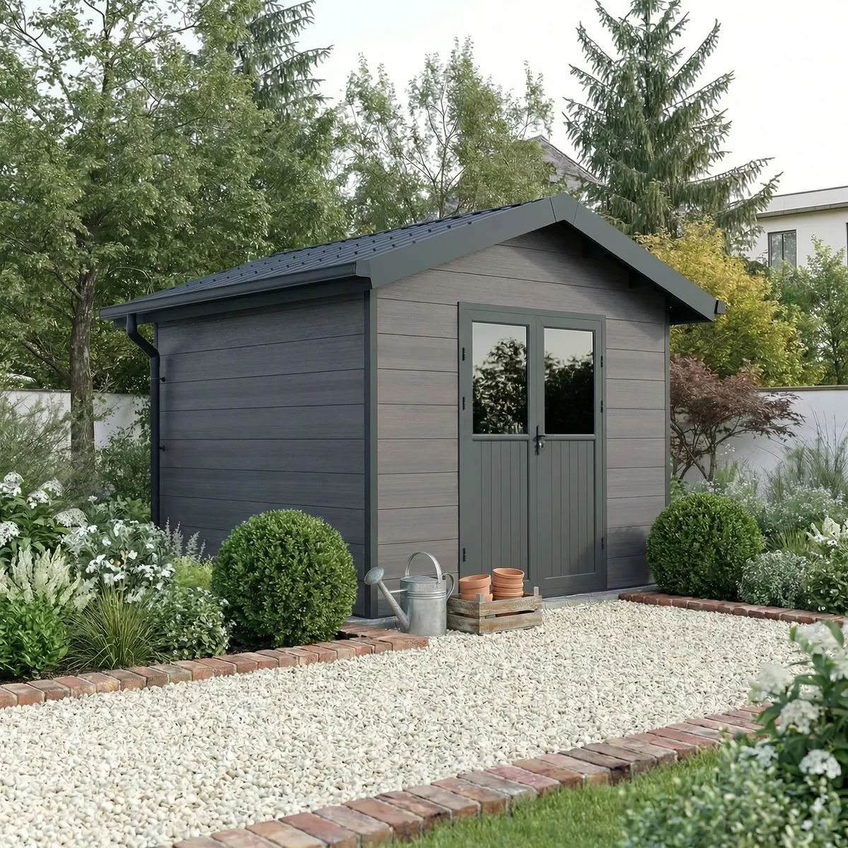 Caseta de jardín composite Isora 9 m², gris oscuro, ambiente de jardín moderno