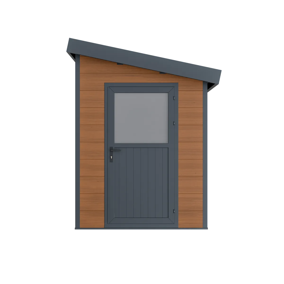 Abri composite adossé Mira 5 m² brun de face, porte vitrée