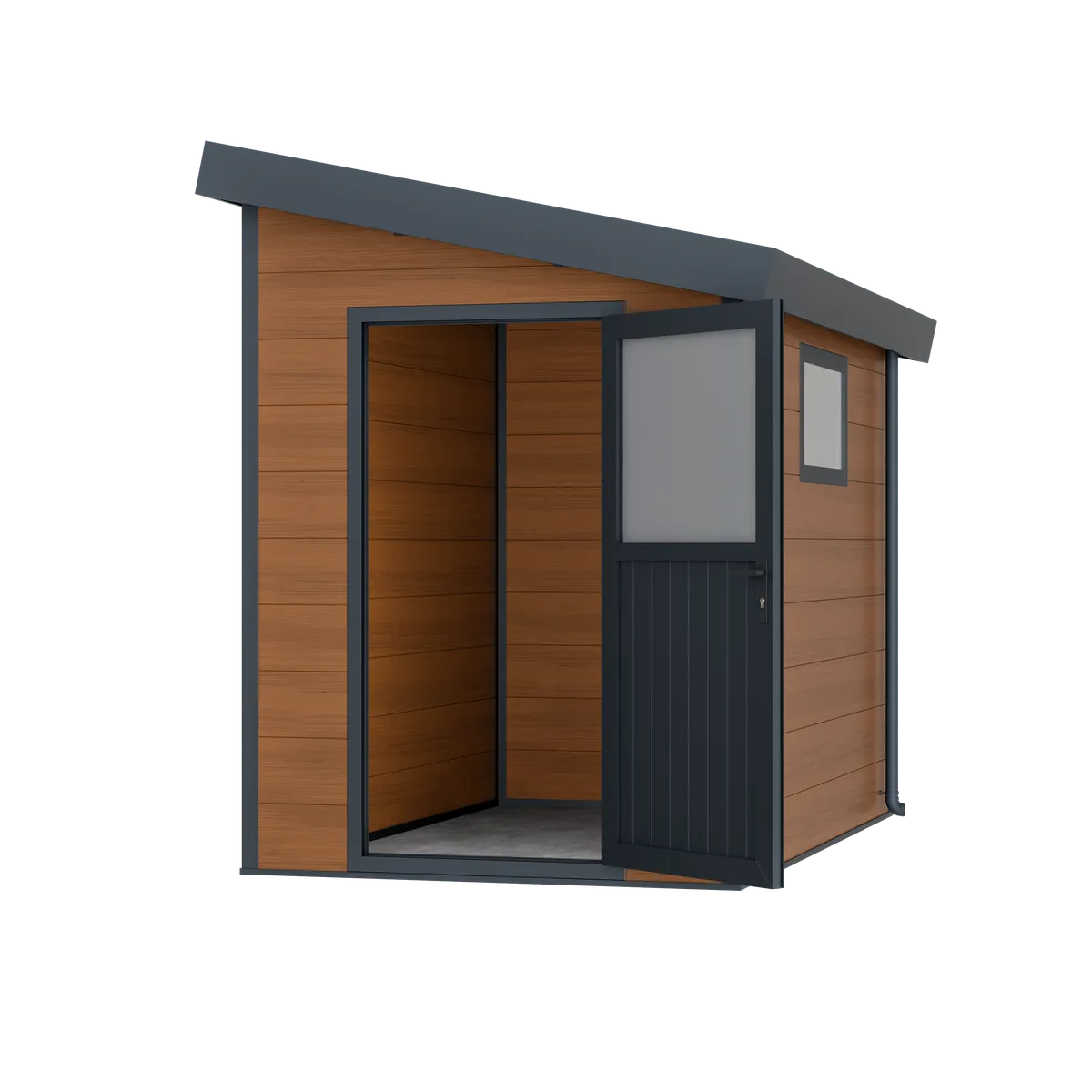 Abri composite adossé Mira 5 m² brun, porte ouverte