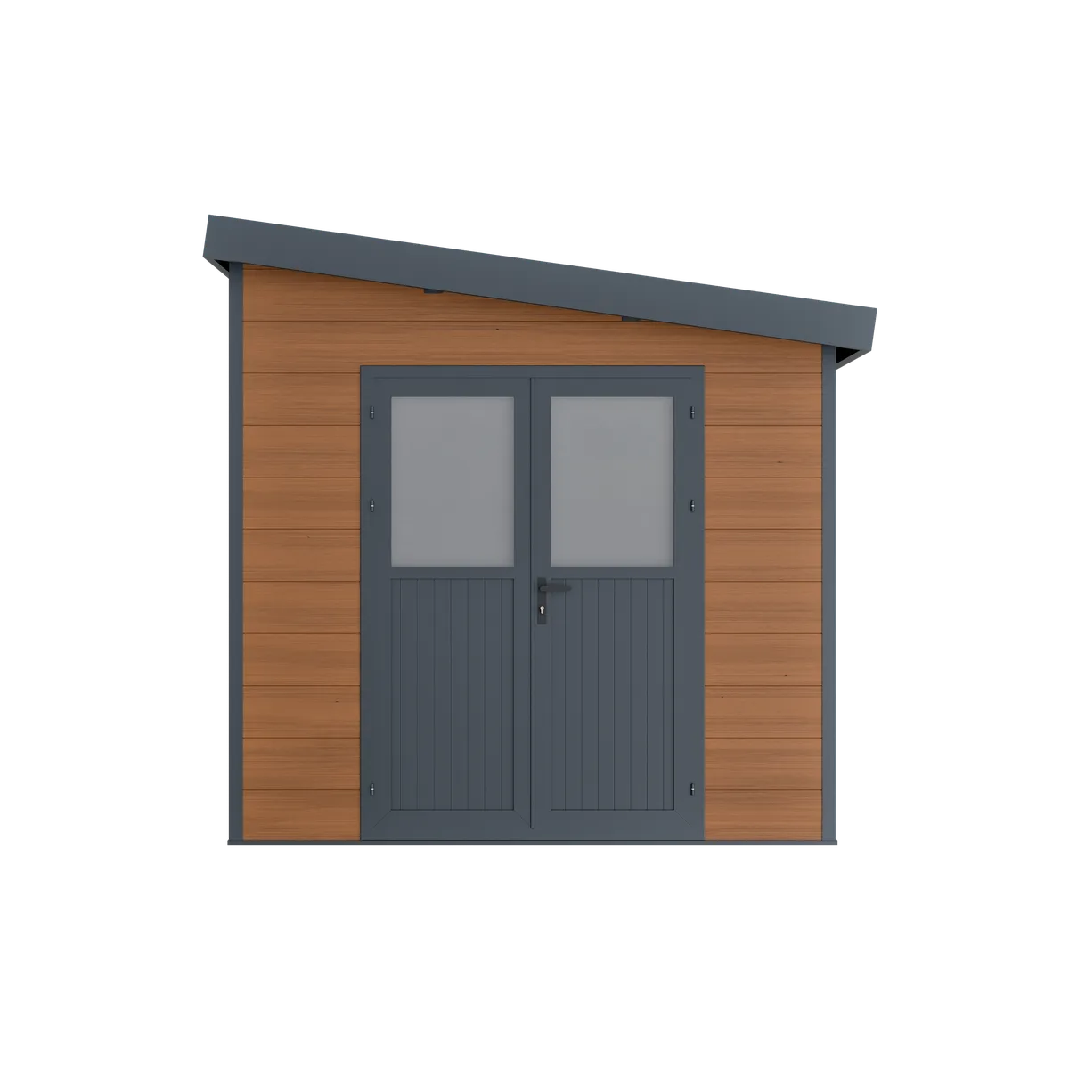 Abri composite adossé Mira 9 m² brun de face, porte double vitrée