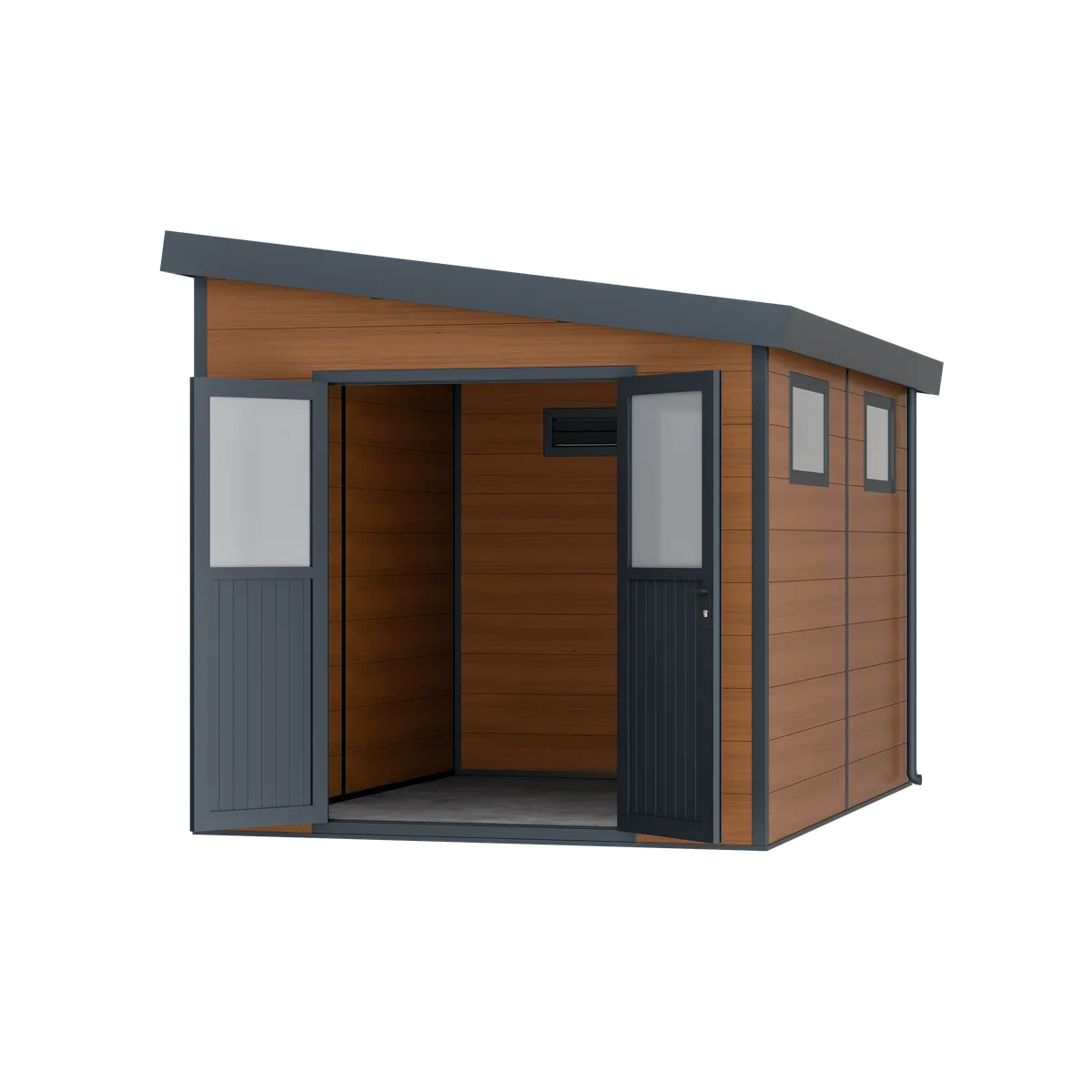 Abri composite adossé Mira 9 m² brun, portes ouvertes