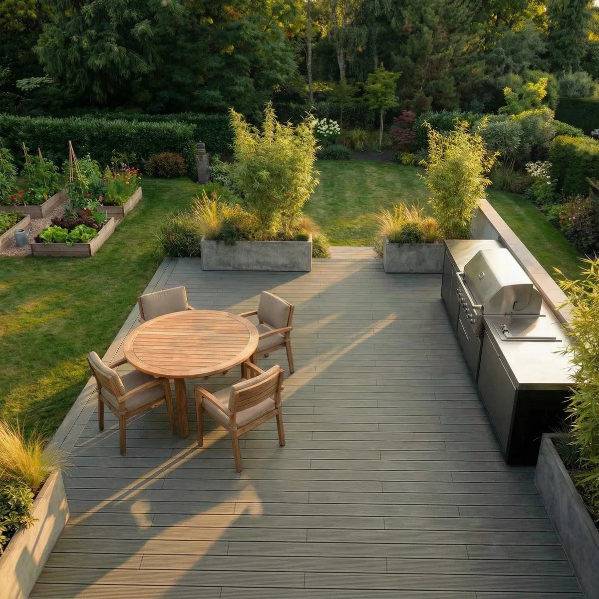 Ambiance jardin avec lame de terrasse composite Navia couleur light grey