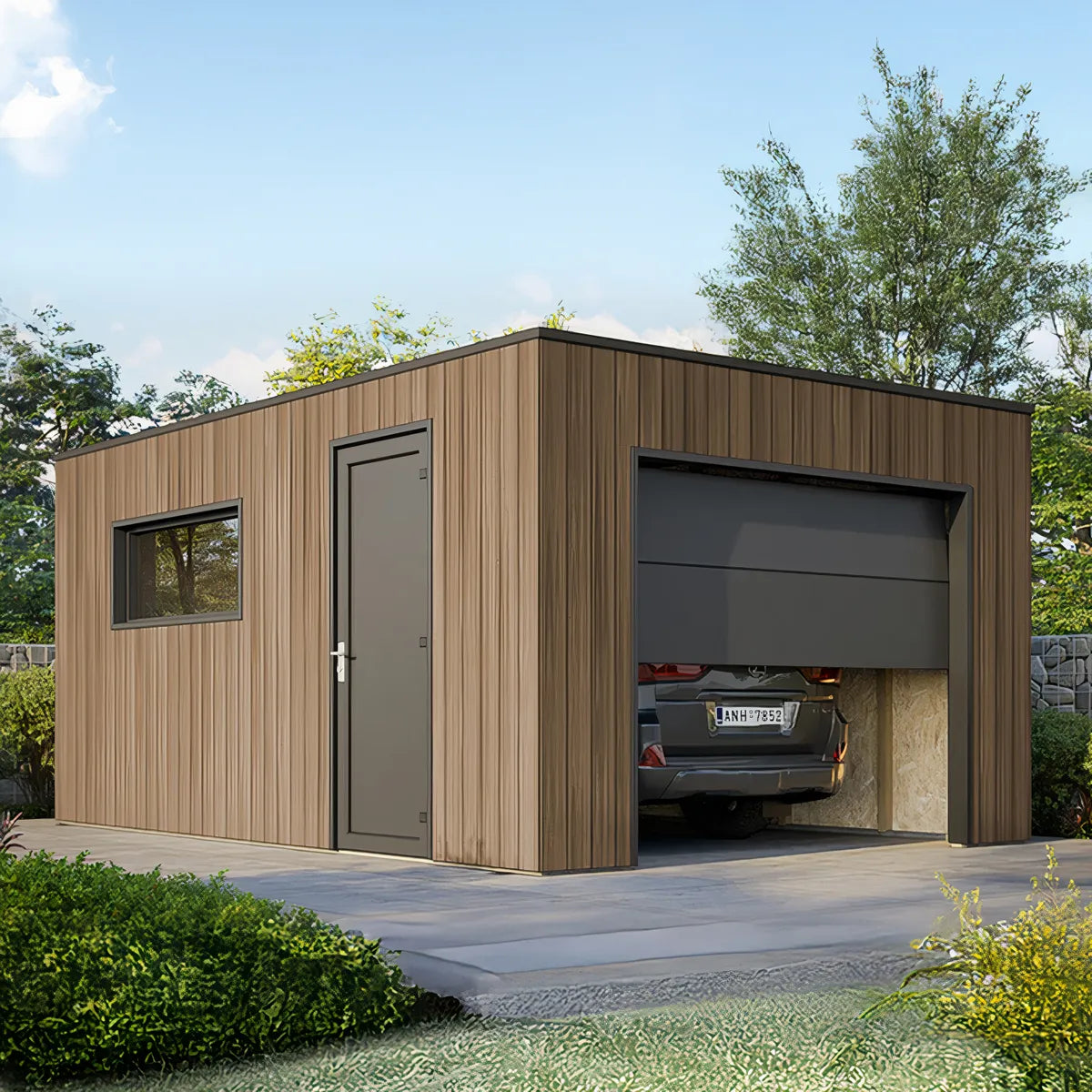 Lame de terrasse composite teck Silverstone dans un jardin moderne
