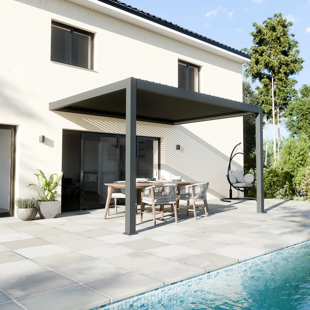 Pergola bioclimatique aluminium Stellar près de la piscine avec lames orientables