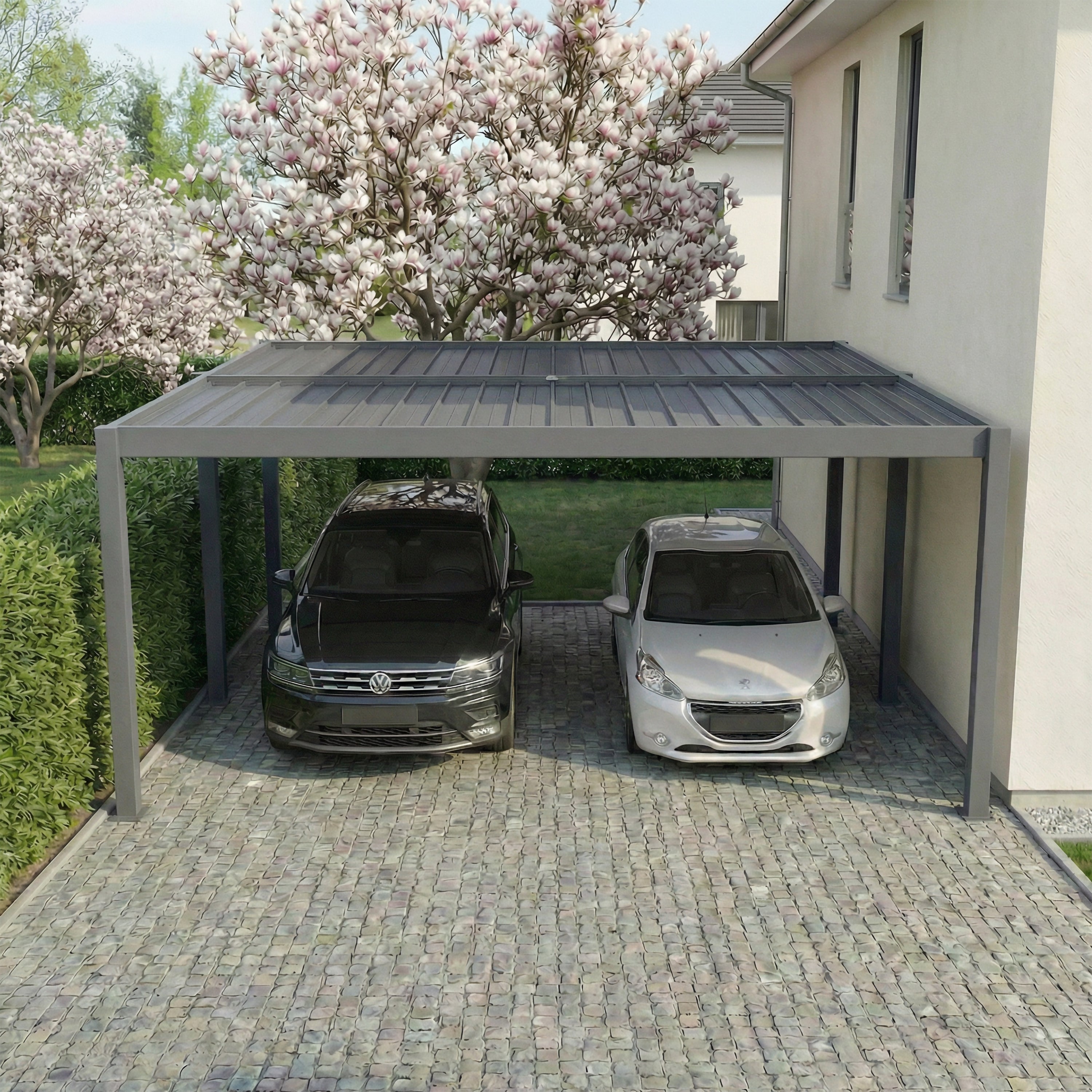 Carport aluminium thermolaqué Weston anthracite pour 2 voitures en extérieur